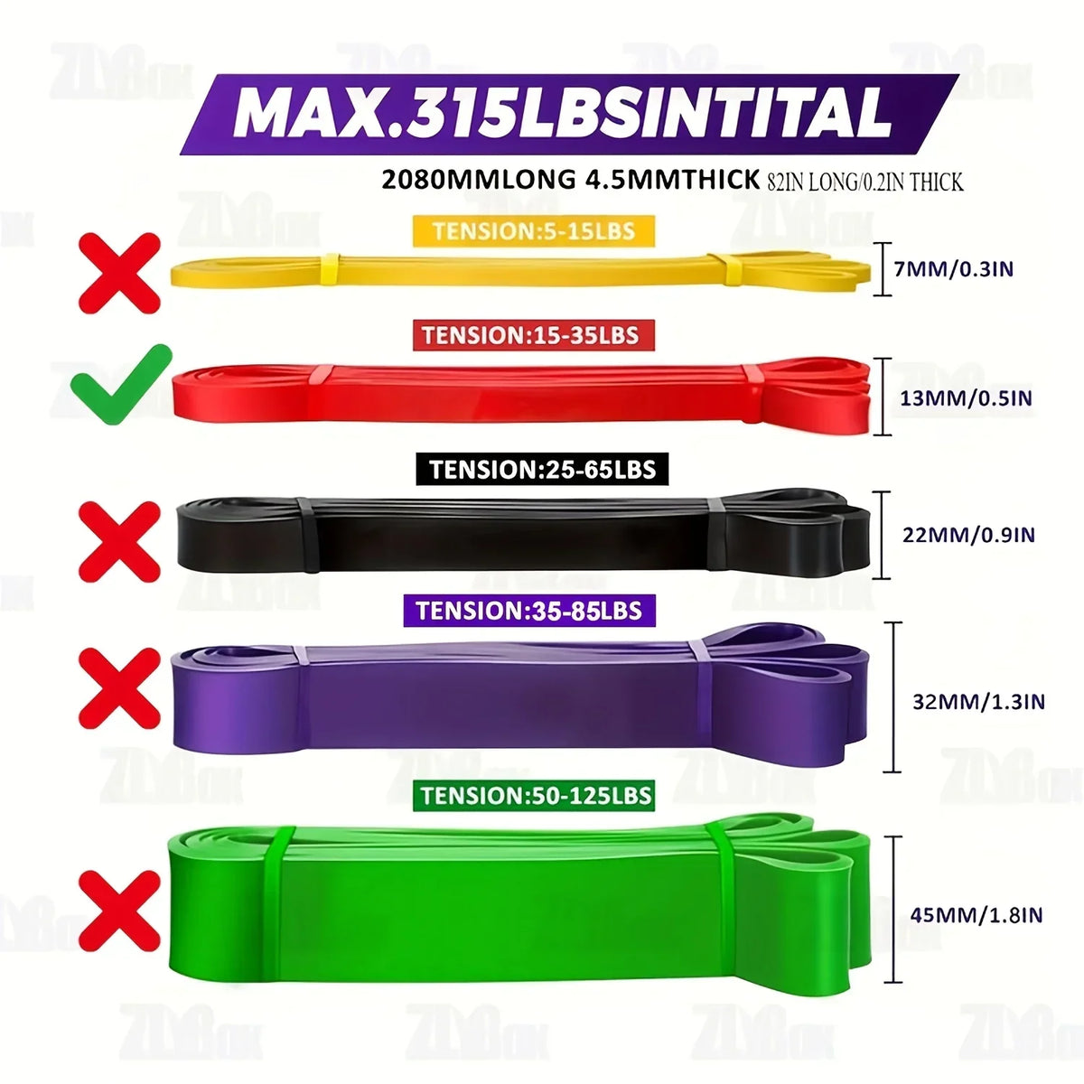 Resistance Band Set, 5 to 125 lb, Five Levels