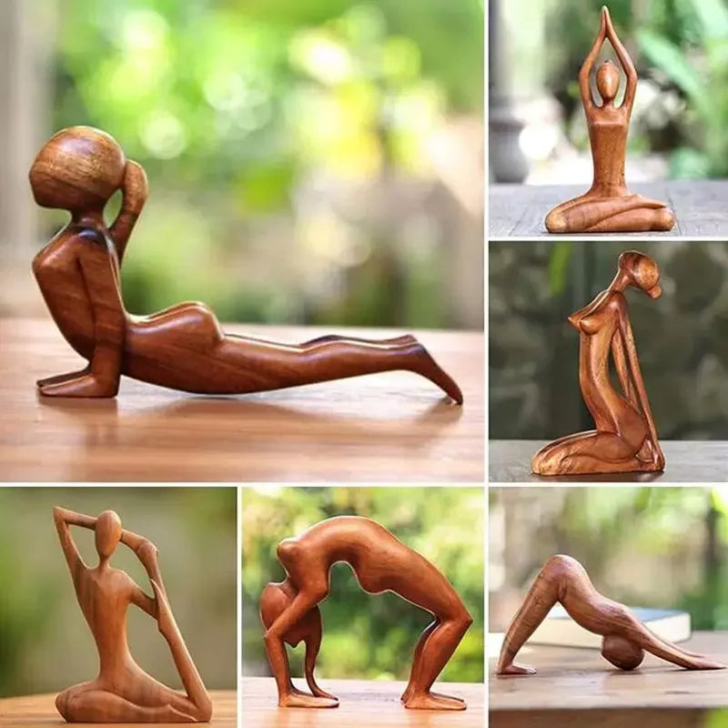 Carved Wooden Yoga Figure Ornament, Six Designs