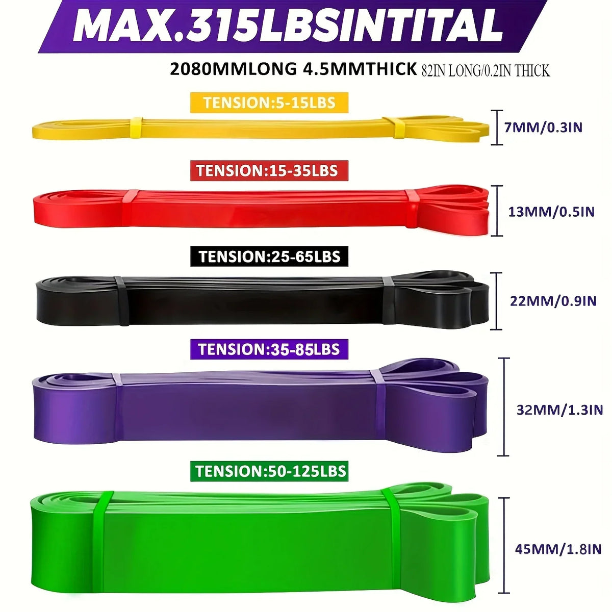 Resistance Band Set, 5 to 125 lb, Five Levels